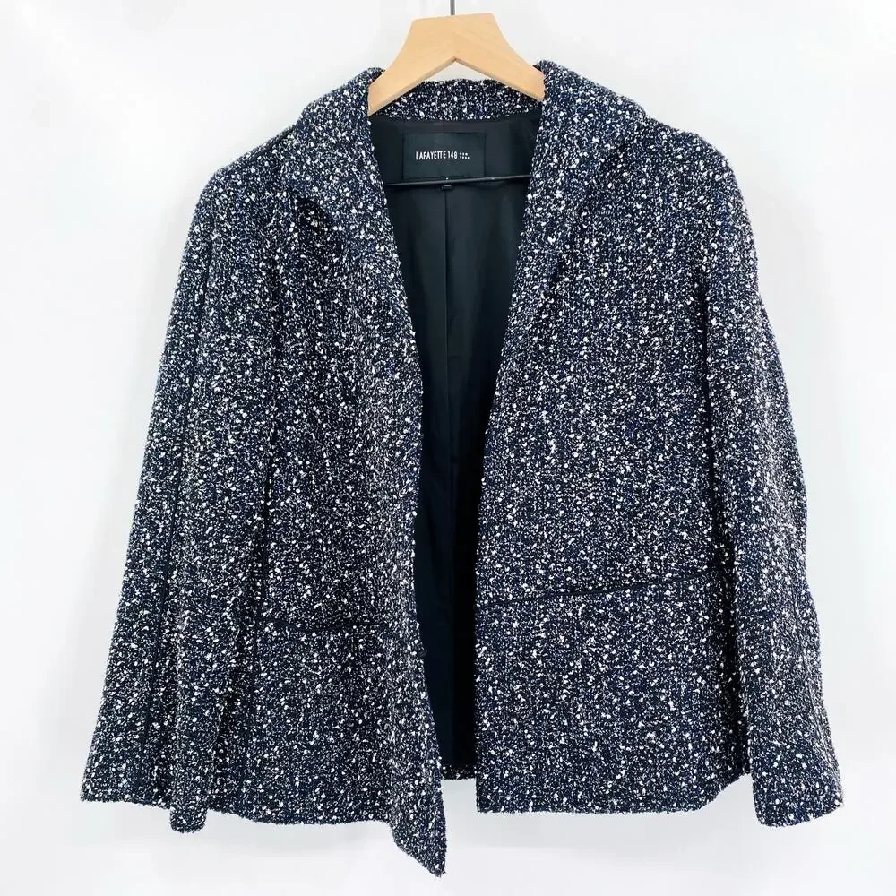 Lafayette 148 Tweed Boucle‎ Wool Blend Blazer Jacket Black Blue White Size 6